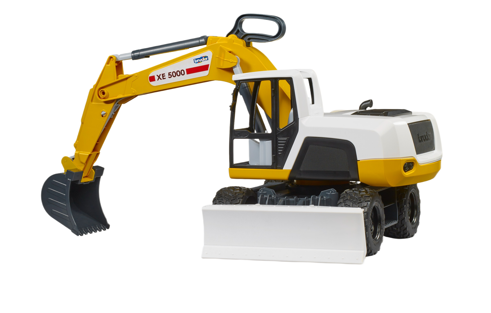 Yellow and white Bruder XE 5000 Excavator model with movable arm and black bucket for realistic construction play and display