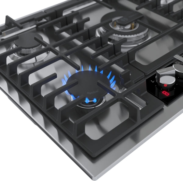 Close-up of a stainless steel gas cooktop burner with blue flame and black cast iron grates from Bosch gas cooktops collection