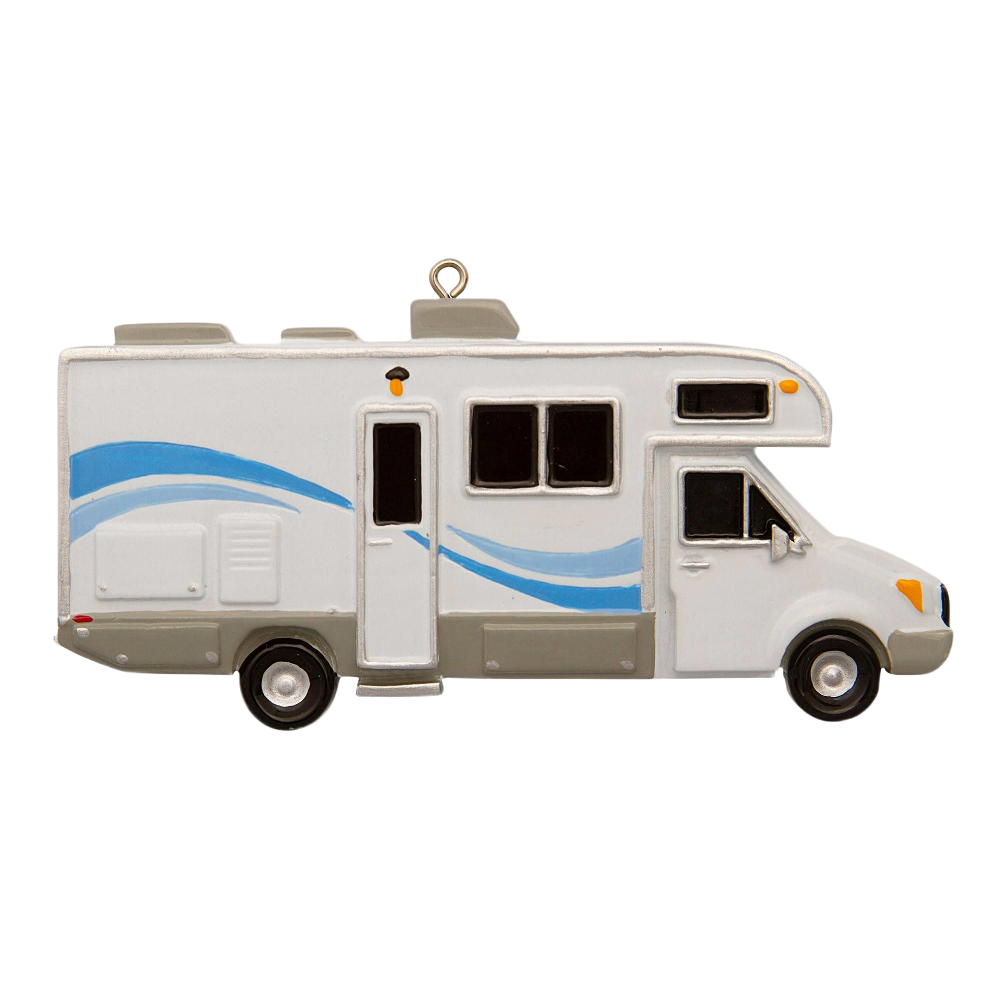 White camper ornament with blue wave stripes, featuring detailed windows and door, Christmas Ornaments & Tree Decorations under $50 collection
