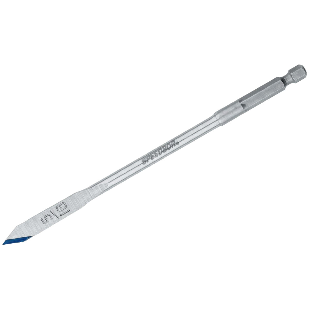 Silver metal spade bit with pointed tip and hex shank designed for drilling in wood and home improvement tools