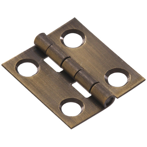 Narrow solid brass hinge in antique finish with four mounting holes for home improvement and woodworking projects