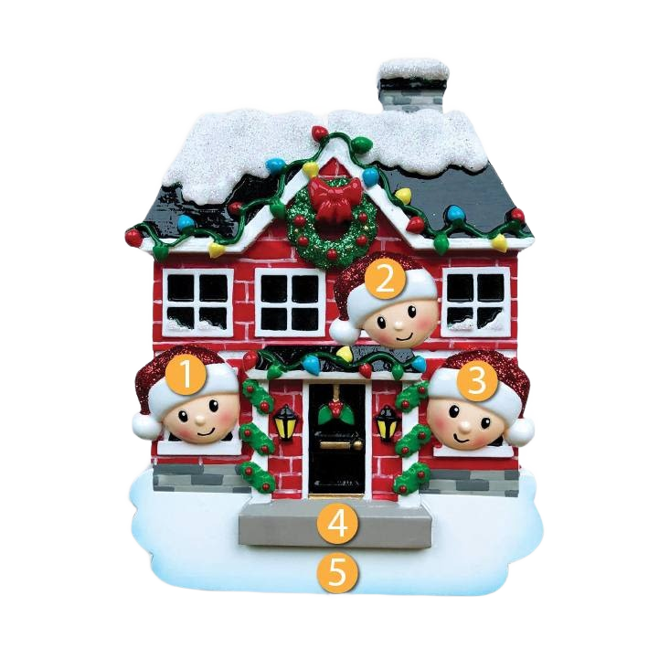 Festive family of three ornament with red house, holiday wreath, and colorful Christmas lights from Christmas Ornaments collection