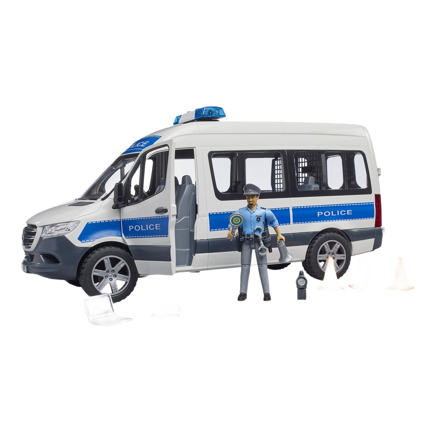 White and blue police emergency toy van with officer figure, traffic cones, and mobile communication accessories