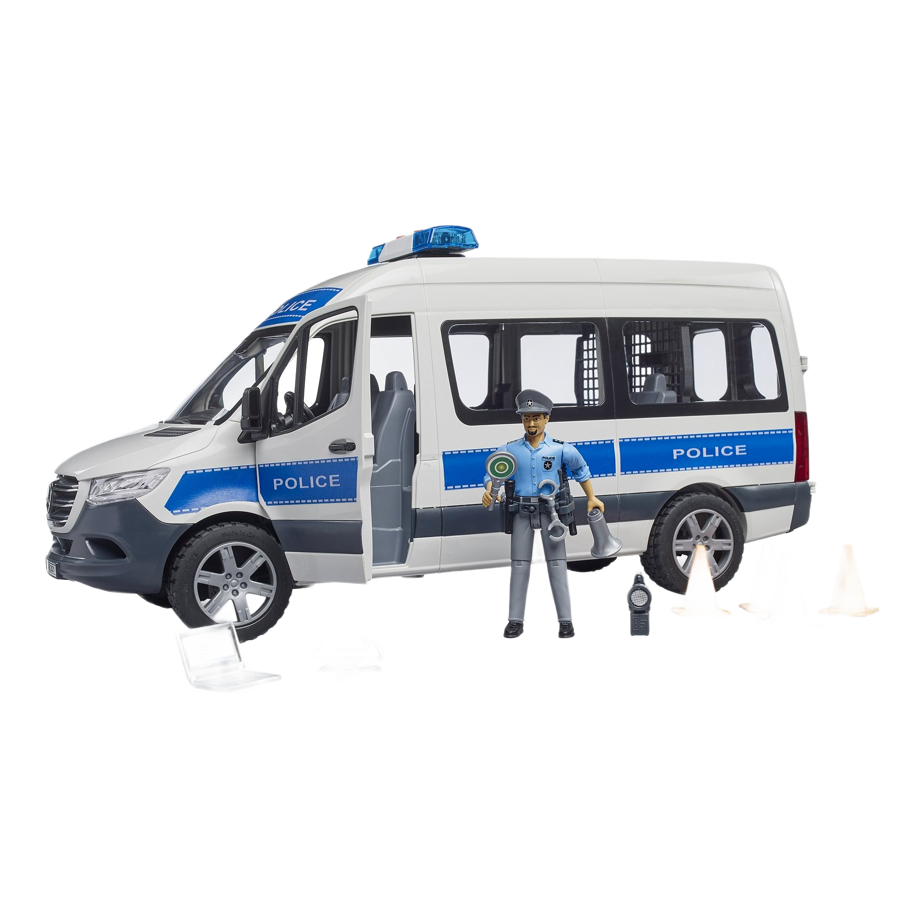 White and blue police emergency toy van with officer figure, traffic cones, and mobile communication accessories