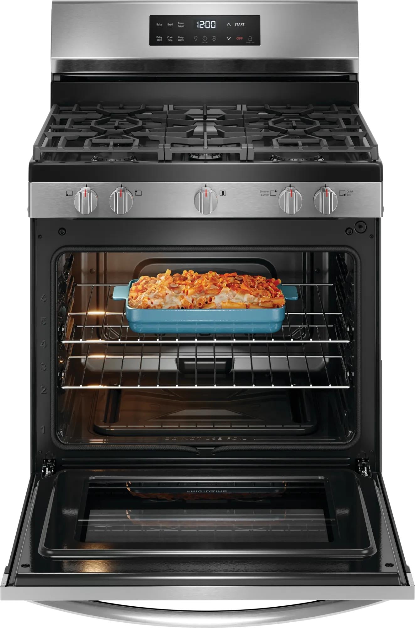 Stainless steel gas range with five burners and digital display, oven door open showing baked casserole inside oven rack