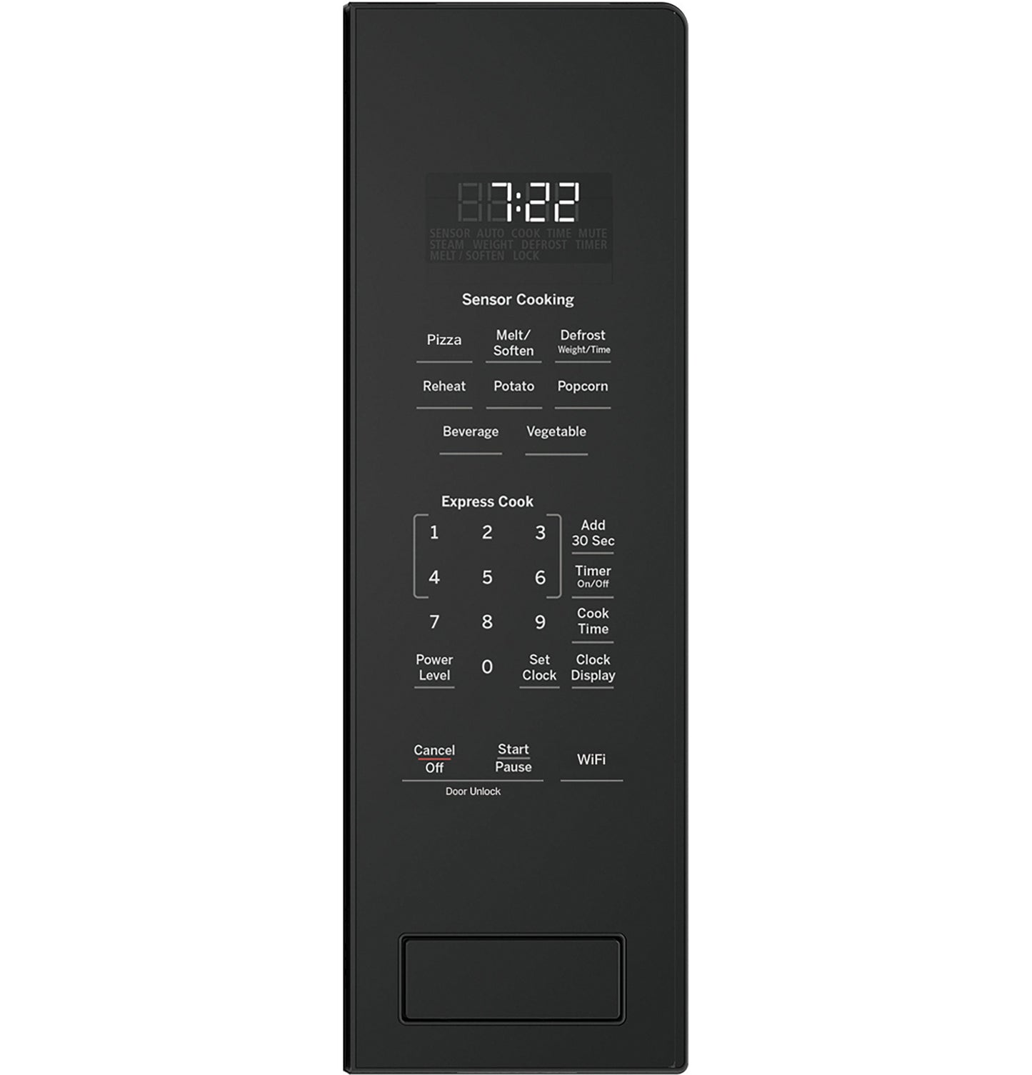 Black control panel of built-in sensor microwave with touch buttons and digital time display from Microwaves collection