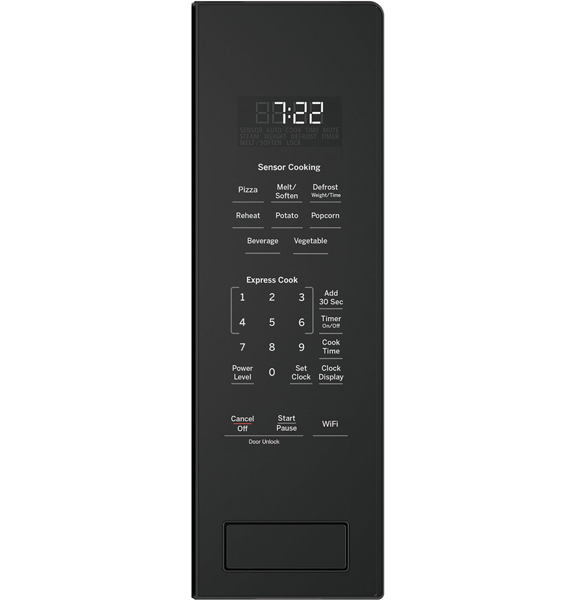 Black control panel of built-in sensor microwave with touch buttons and digital time display from Microwaves collection