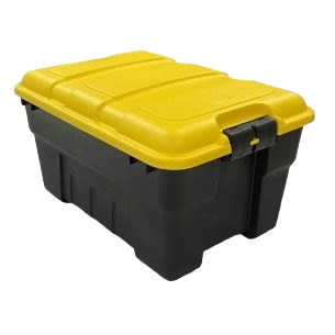 Heavy-duty plastic storage tote with secure latch and yellow lid for durable tools and home improvement organization