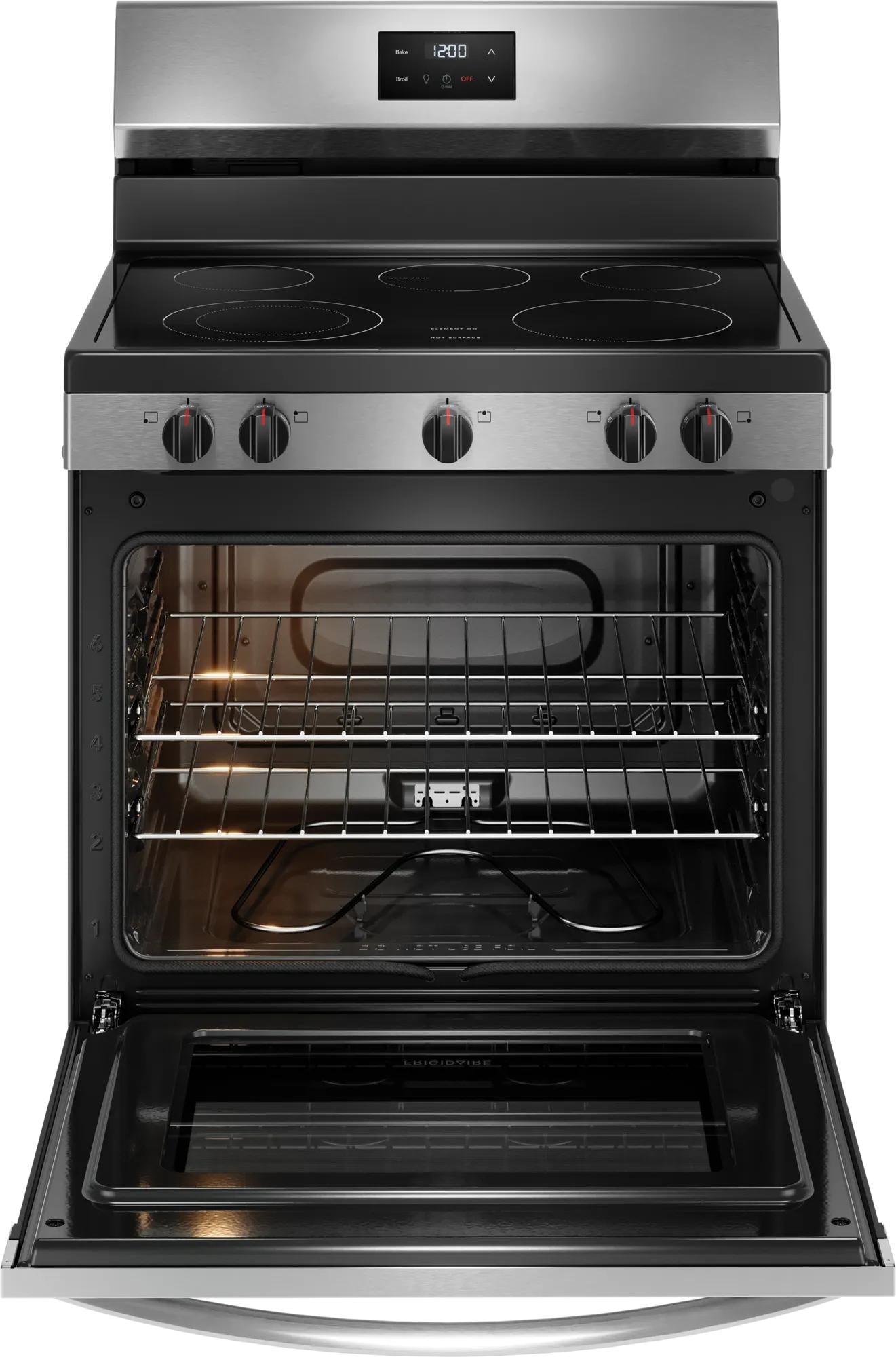 30" electric range with glass cooktop, control knobs, digital display, open oven door, in Ranges & Cooktops collection