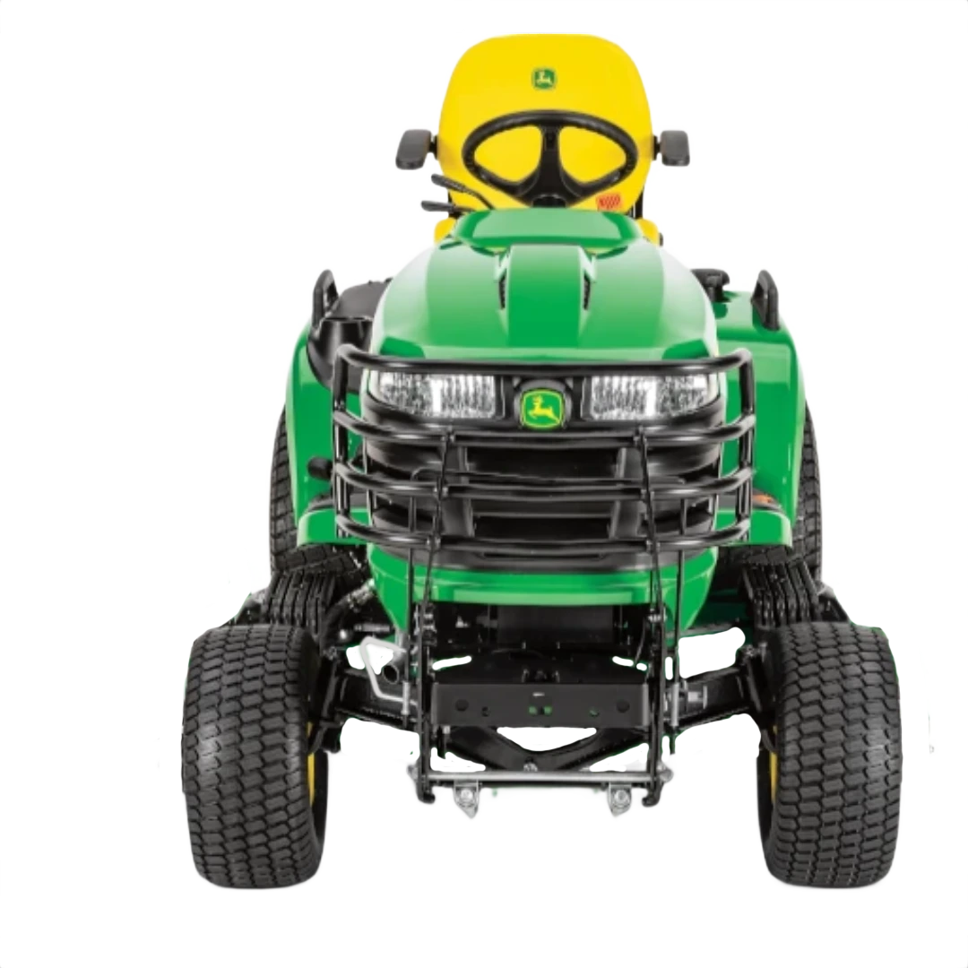 Front view of green riding lawn mower with yellow seat designed for outdoor power equipment and lawn care tasks