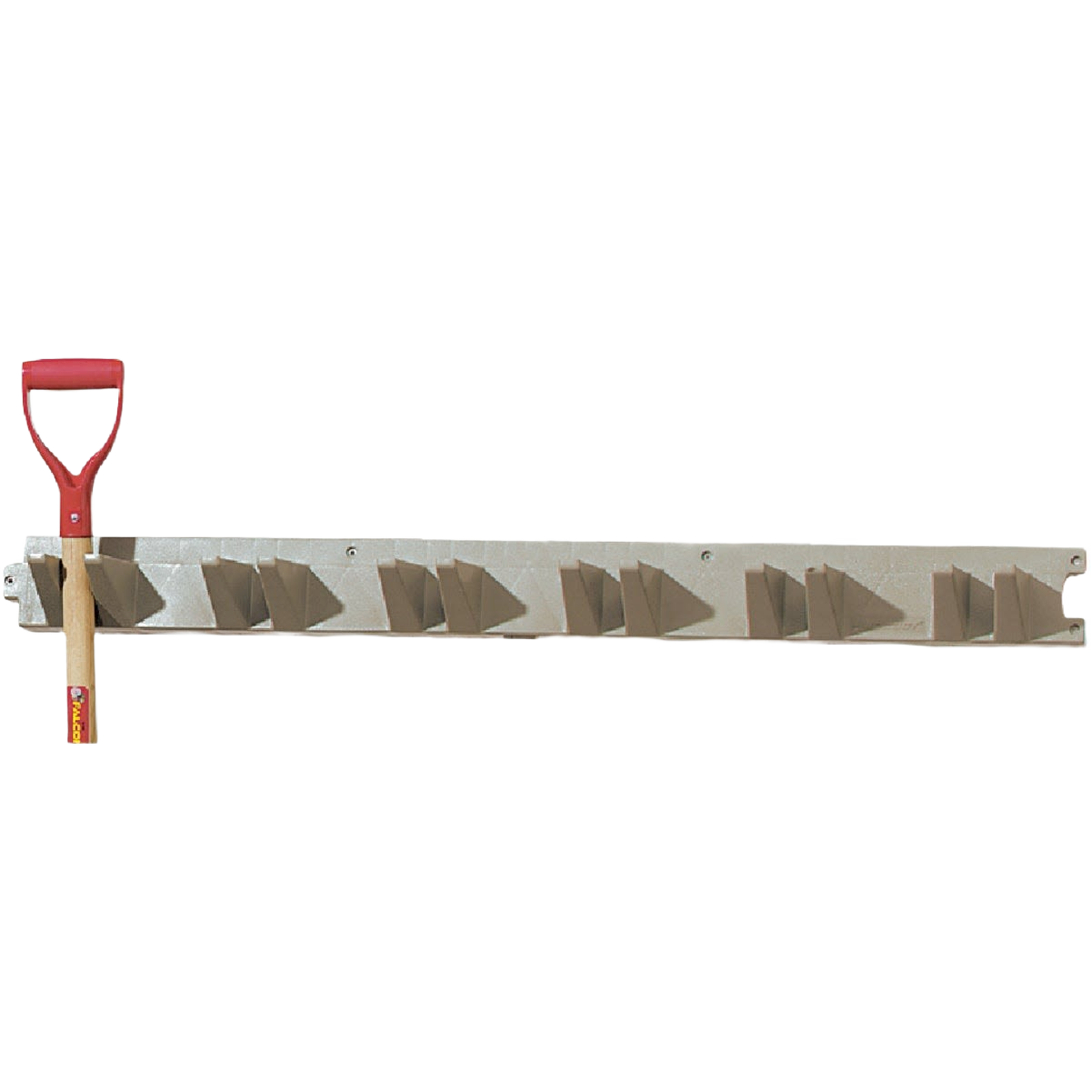 4 ft. beige tool hanger rack with angled slots holding long-handled garden tools for storage and organization collections