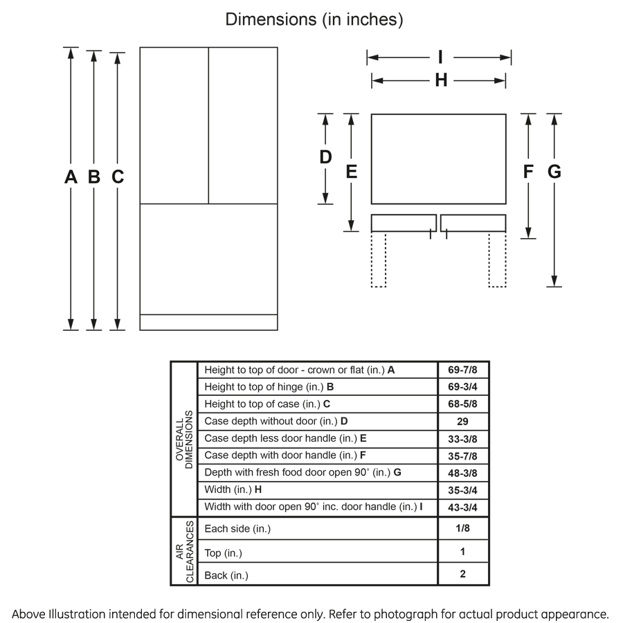 Technical dimension diagram for a French-door refrigerator showing height, width, depth, and clearance measurements for installation.