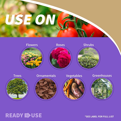 Icons showing plants treated by insect control including flowers, roses, shrubs, trees, ornamentals, vegetables, and greenhouses