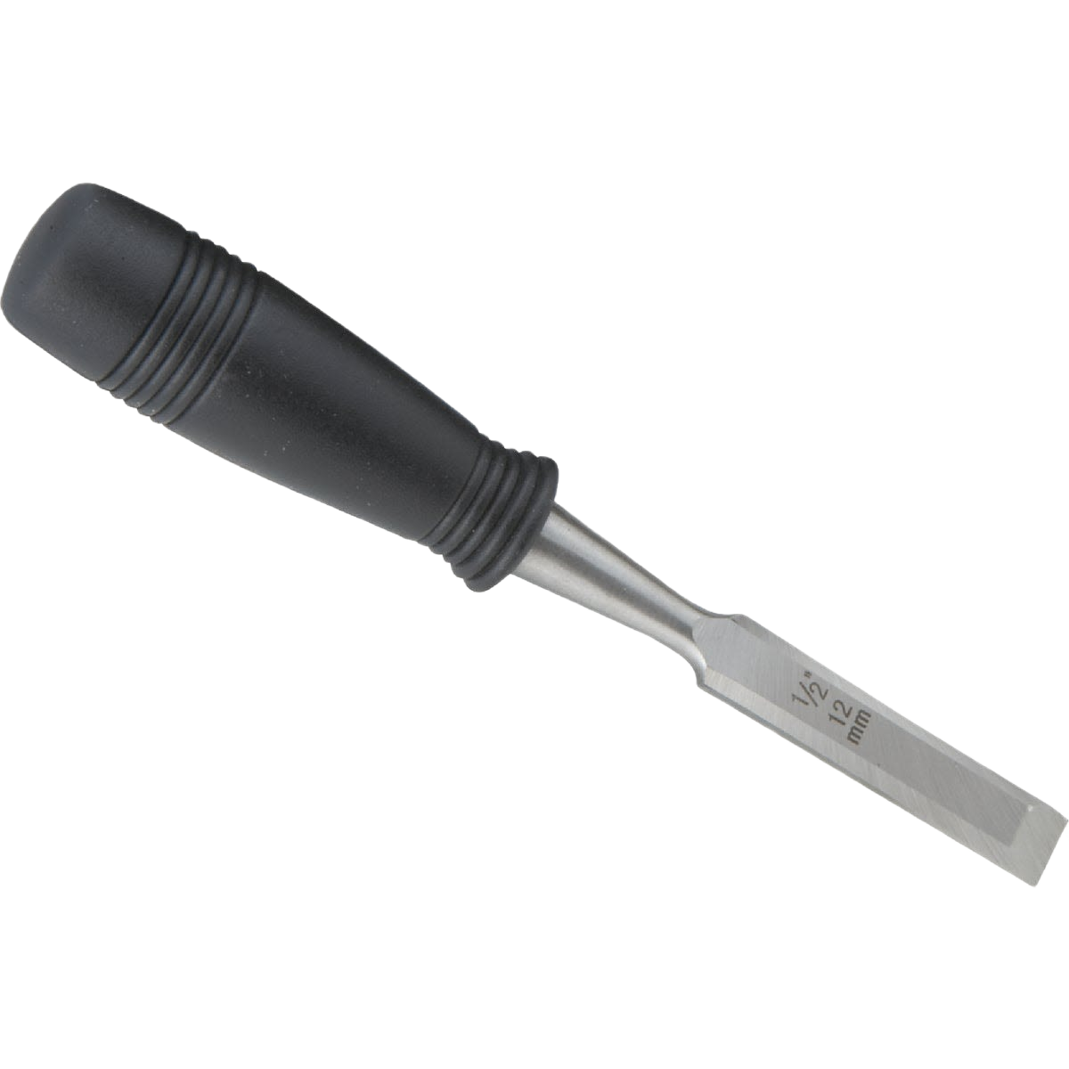 Wood chisel with black ergonomic handle and sharp 1/2 inch blade for woodworking and home improvement tasks