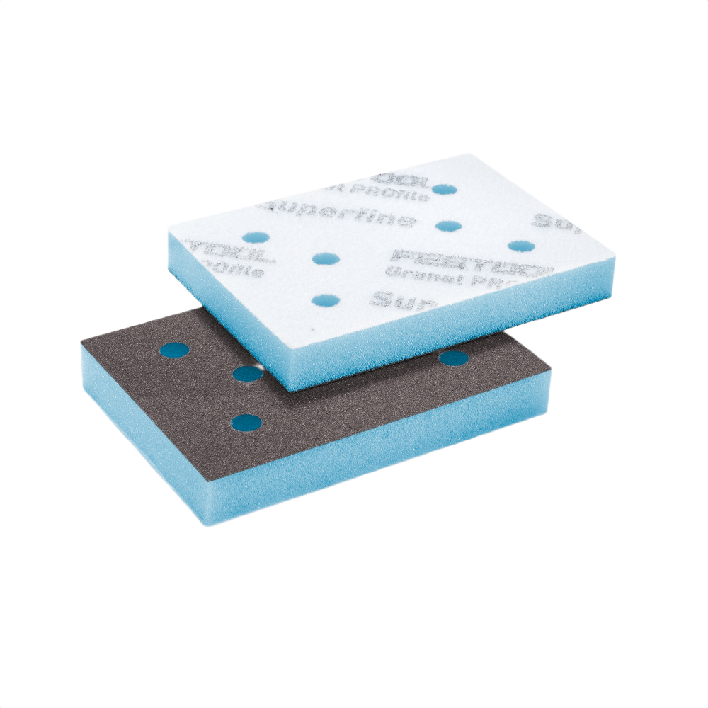 Two flexible blue foam-backed abrasive pads with ventilation holes, part of Festool Accessories under $50 collection