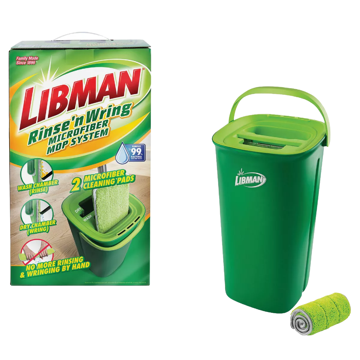 Green dual-chamber mop bucket with microfiber pads for efficient cleaning in mops and cleaning tools collections