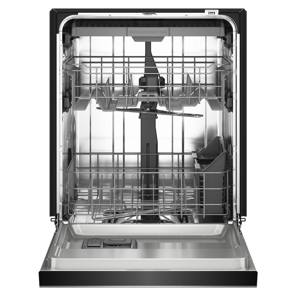 Open dishwasher interior with third level utensil rack and spacious racks in stainless steel printshield finish door panel