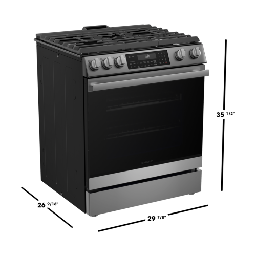 Freestanding gas range with stainless steel accents, digital controls, convection oven, and five-burner cooktop in appliances collection