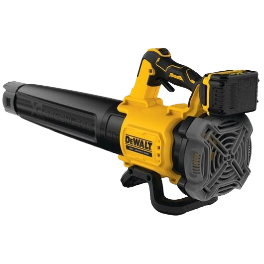 Yellow and black cordless handheld blower with brushless motor and rechargeable battery for tools and home improvement tasks