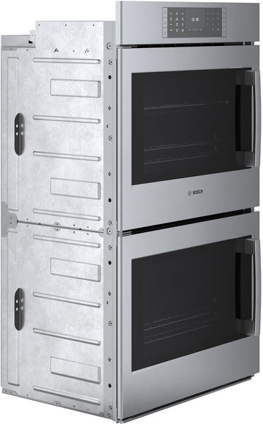 Stainless steel double wall oven with touchscreen controls and two large glass doors for kitchen appliances and home improvement