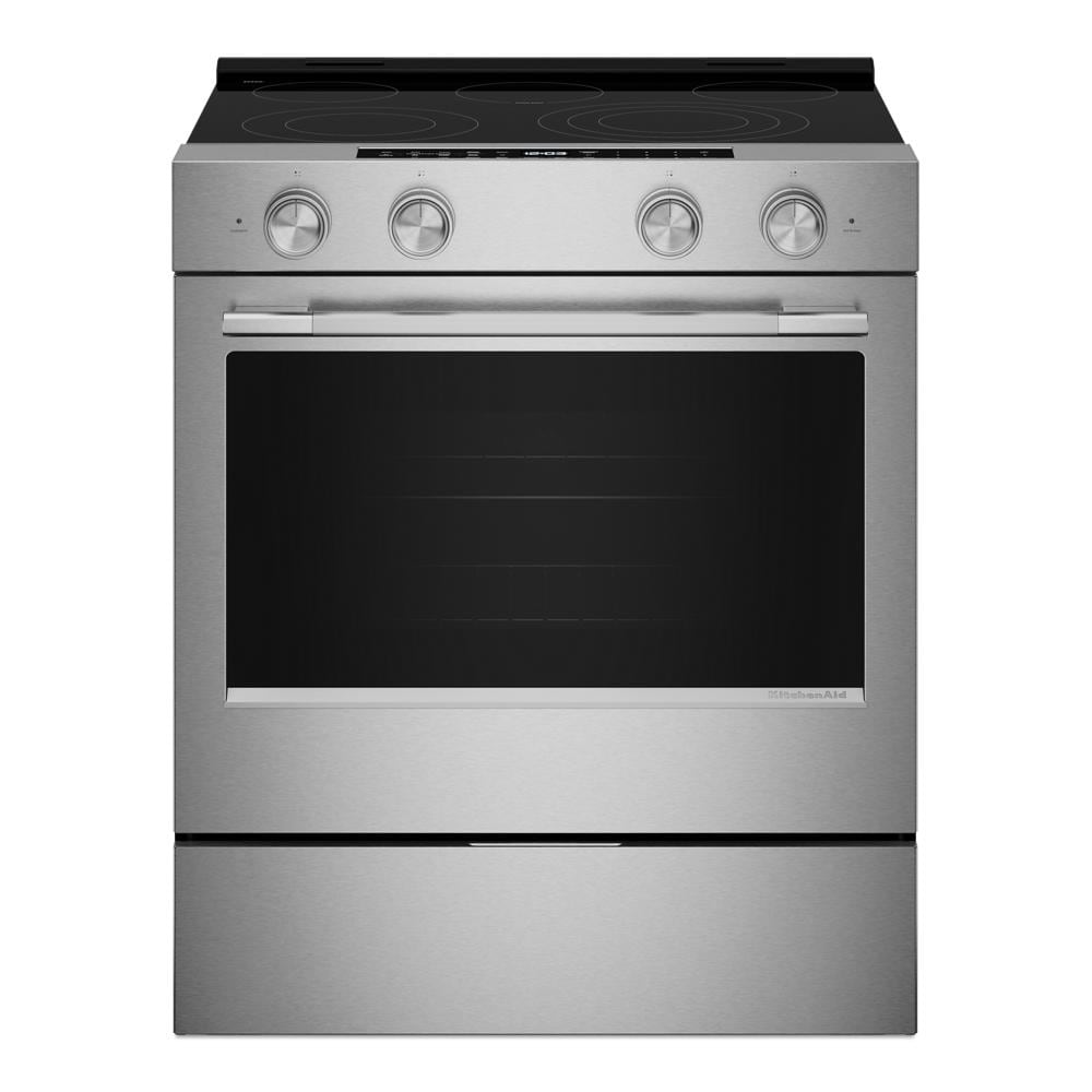 stainless steel smart slide-in electric range with convection and front control knobs in kitchen appliance collection