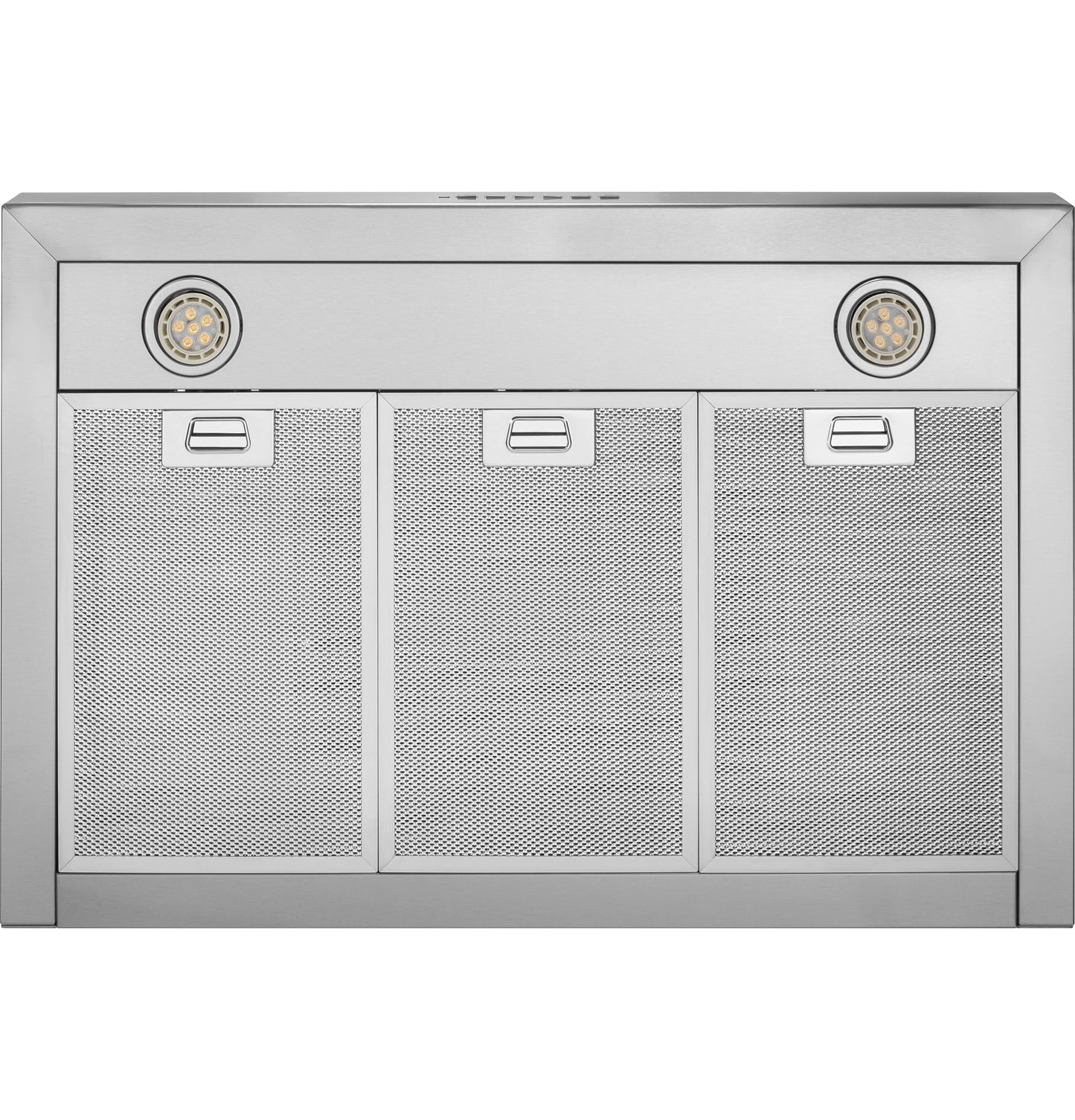 Stainless steel wall mount range hood with three mesh filters and built-in dimmable LED lights for kitchen use