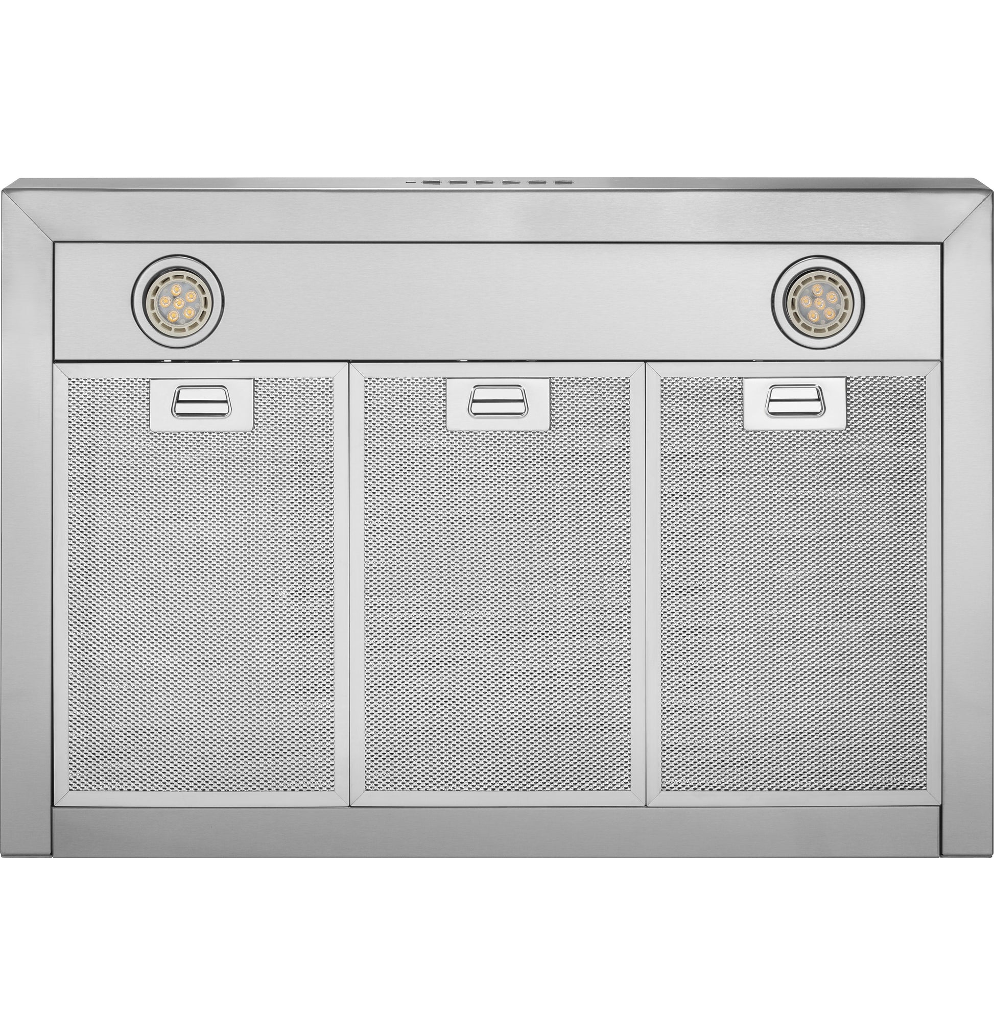 Stainless steel wall mount range hood with three mesh filters and built-in dimmable LED lights for kitchen use