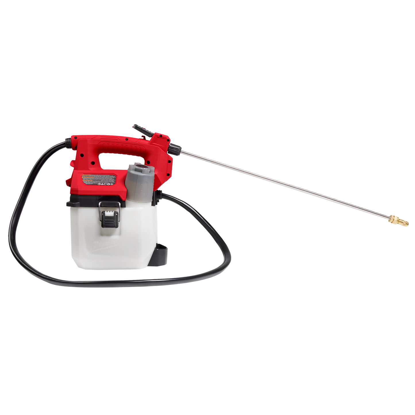 Red and white handheld sprayer kit with metal wand, flexible hose, and ergonomic handle for tools and home improvement tasks