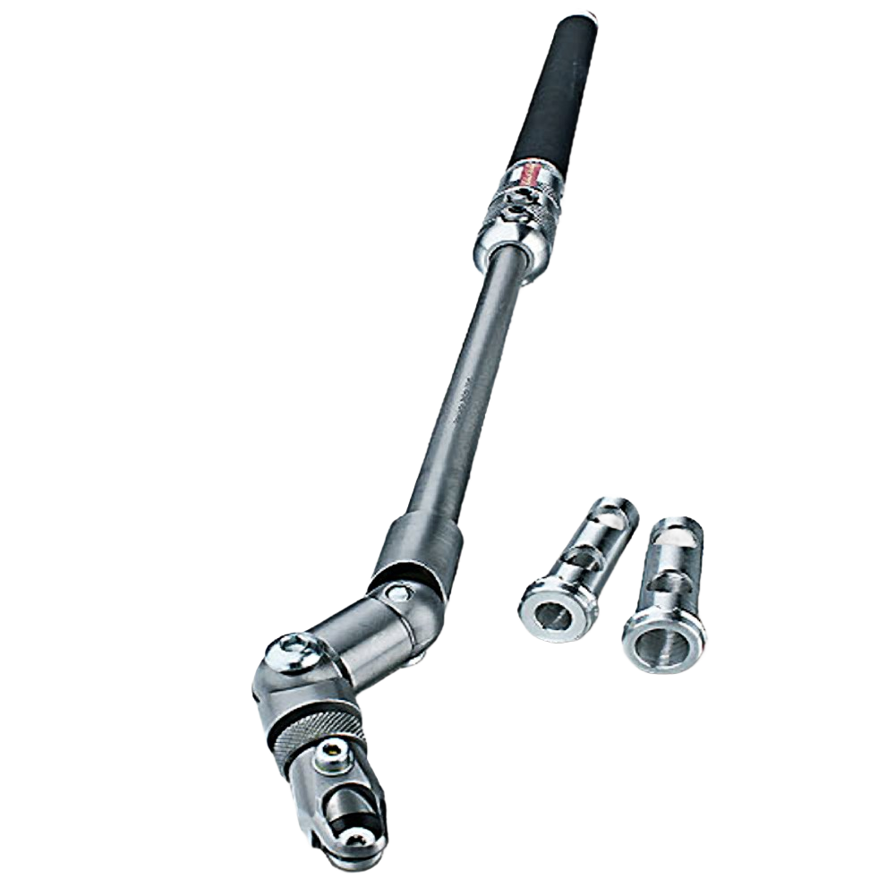 Adjustable metal hollowing tool with black grip handle and two silver collets for woodturning applications