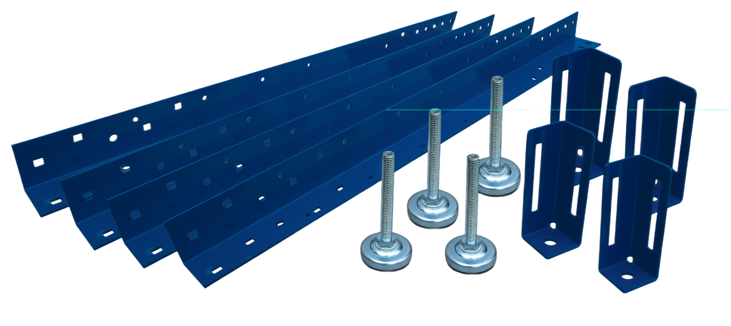 Set of four blue metal bench legs with adjustable feet and mounting brackets for home improvement projects