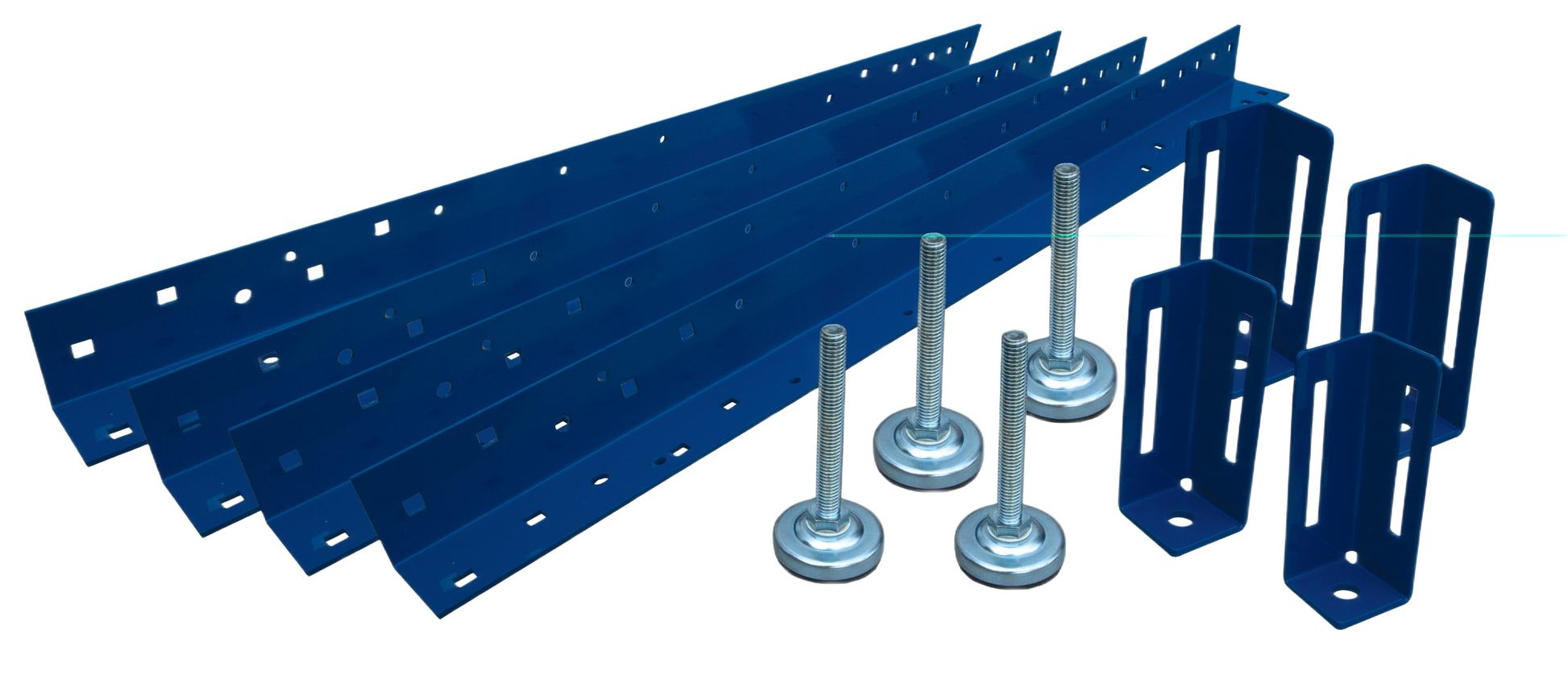 Set of four blue metal bench legs with adjustable feet and mounting brackets for home improvement projects