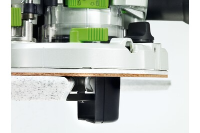 Side view of precision cutting edge and clear guard on Festool router for woodworking tools collection