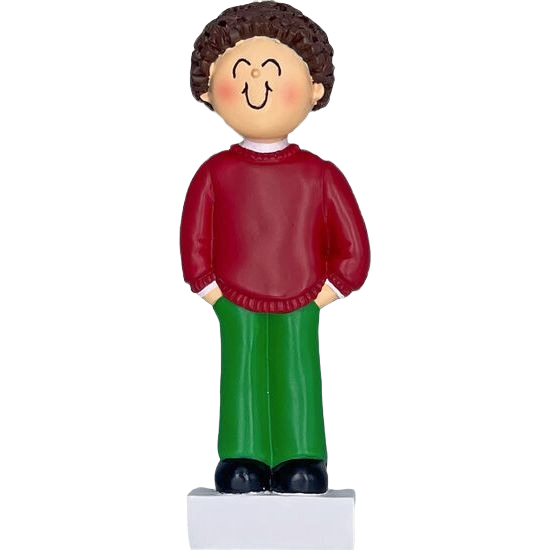 Cheerful brunette boy figurine in red Christmas sweater and green pants from holiday ornaments under $50 collection