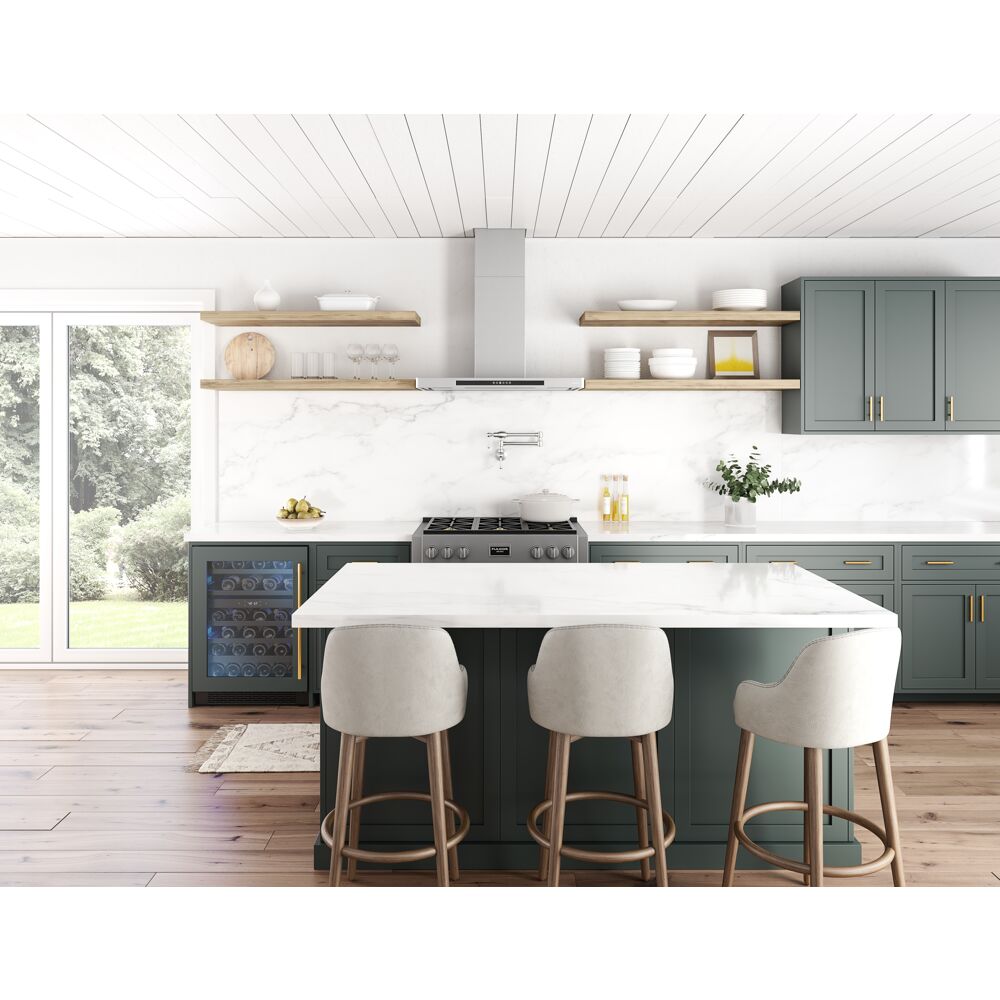 Low-profile stainless steel chimney hood with invisible touch controls in bright kitchen with marble backsplash and island seating