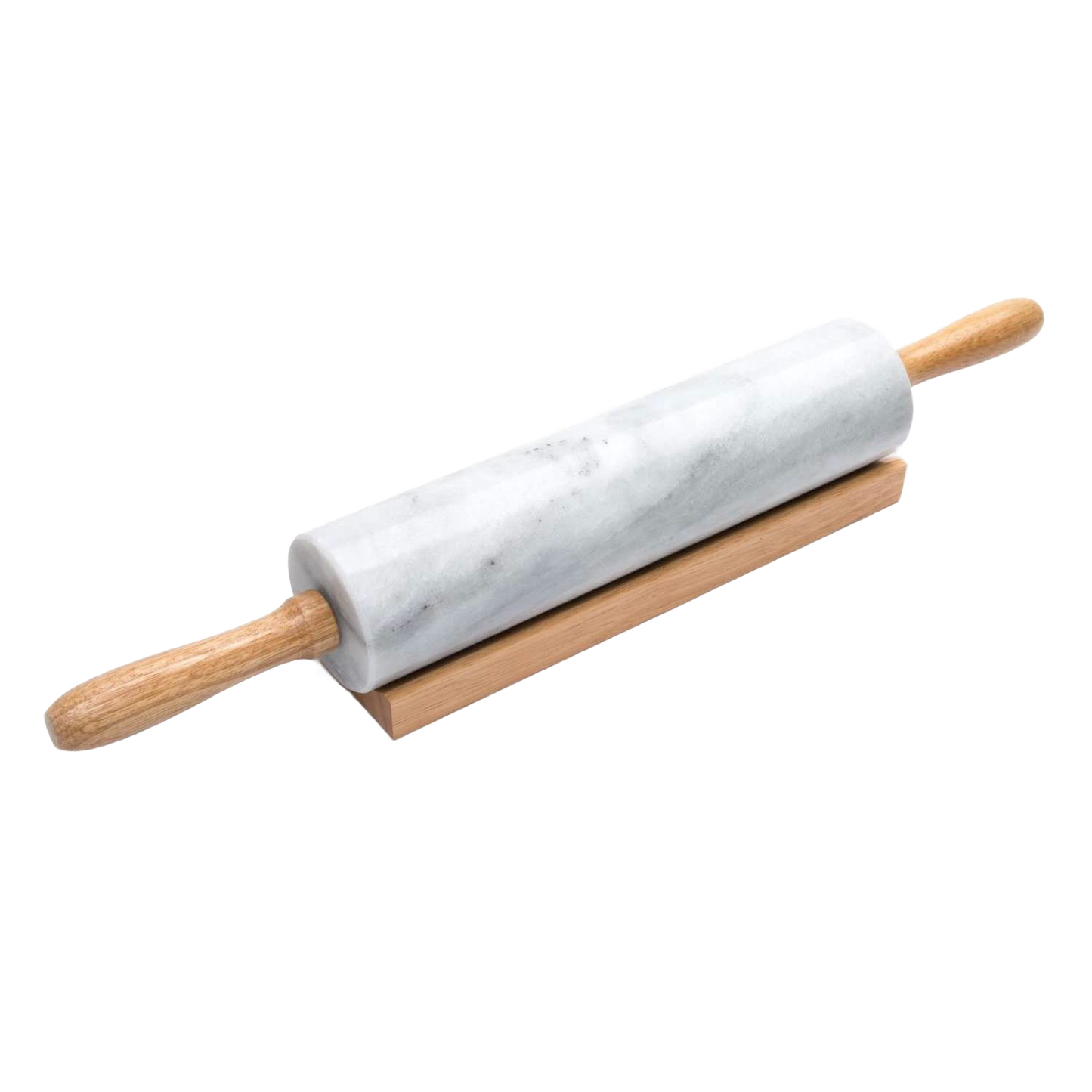 Marble rolling pin with wooden handles resting on a wooden stand, part of kitchenware and bakeware collection under $50