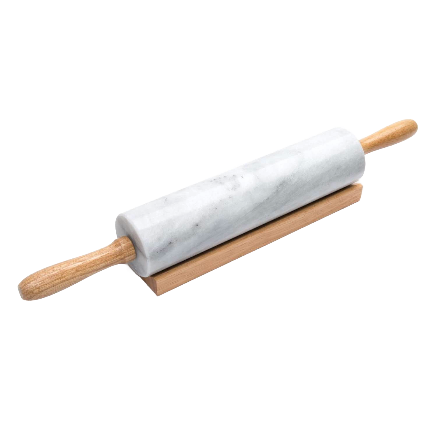 Marble rolling pin with wooden handles resting on a wooden stand, part of kitchenware and bakeware collection under $50