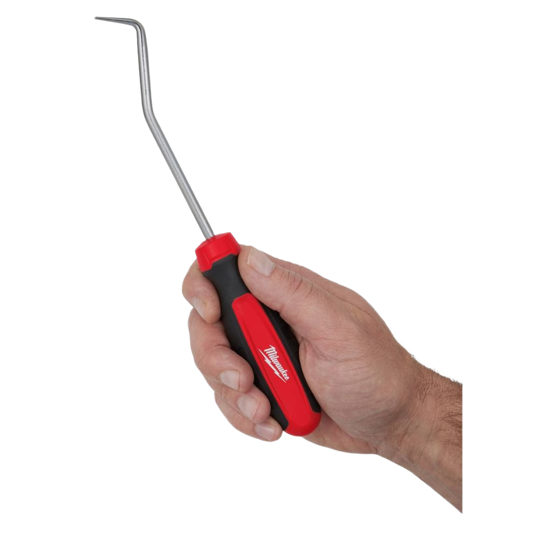 Hand holding a red and black ergonomic hose pick with 45-degree angled metal shaft for tools and home improvement tasks