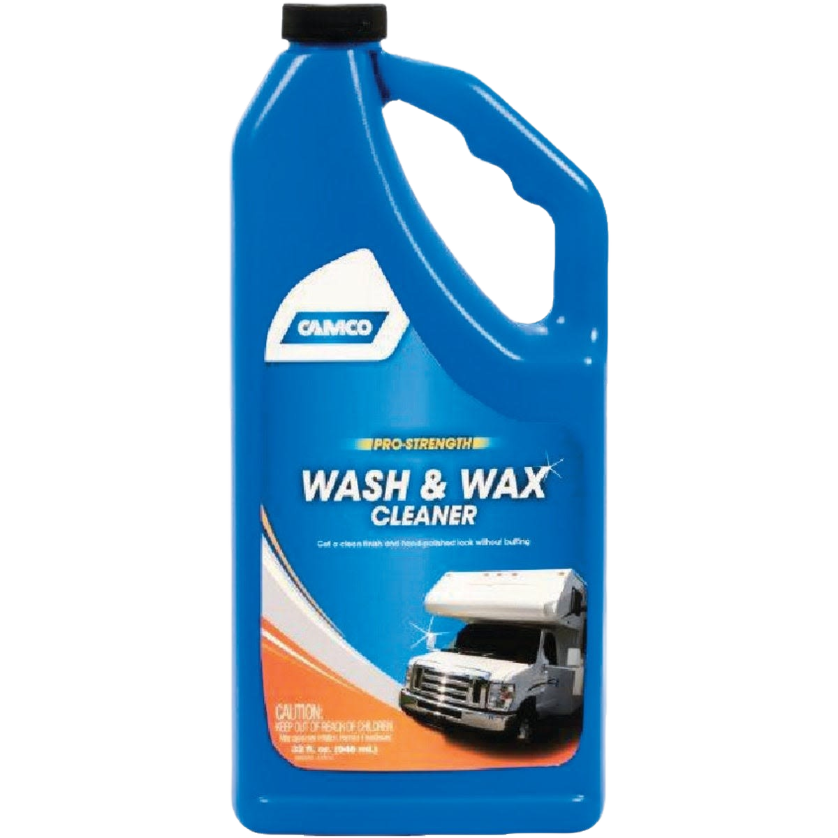 Blue bottle of Camco RV Wash & Wax cleaner for maintaining and protecting recreational vehicle surfaces at home improvement tasks