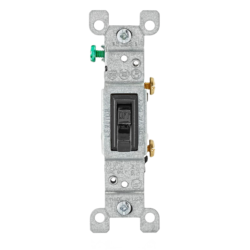 Black single-pole toggle switch with metal mounting frame and screws for home improvement electrical projects