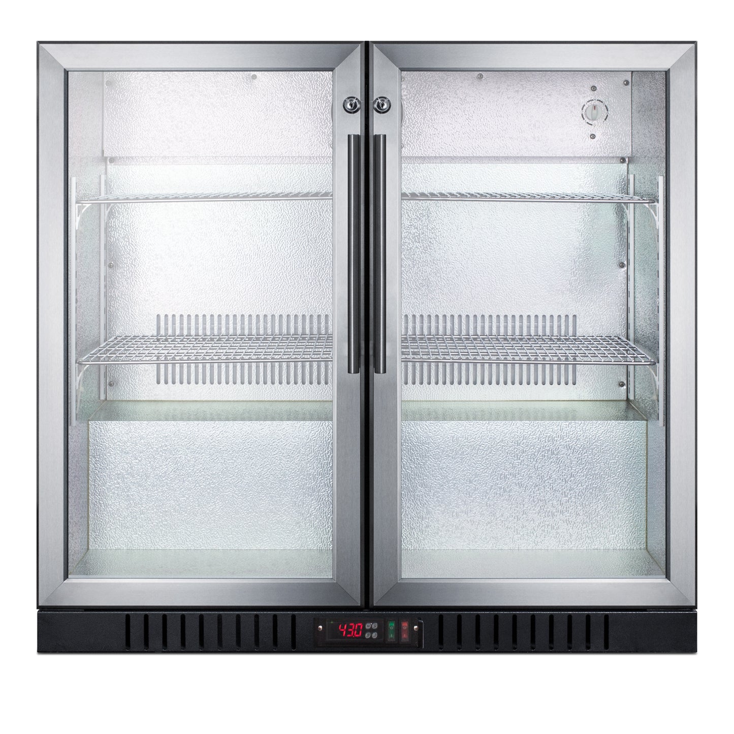 Commercial glass-door beverage center with digital thermostat and adjustable wire shelves for kitchen and appliance collections