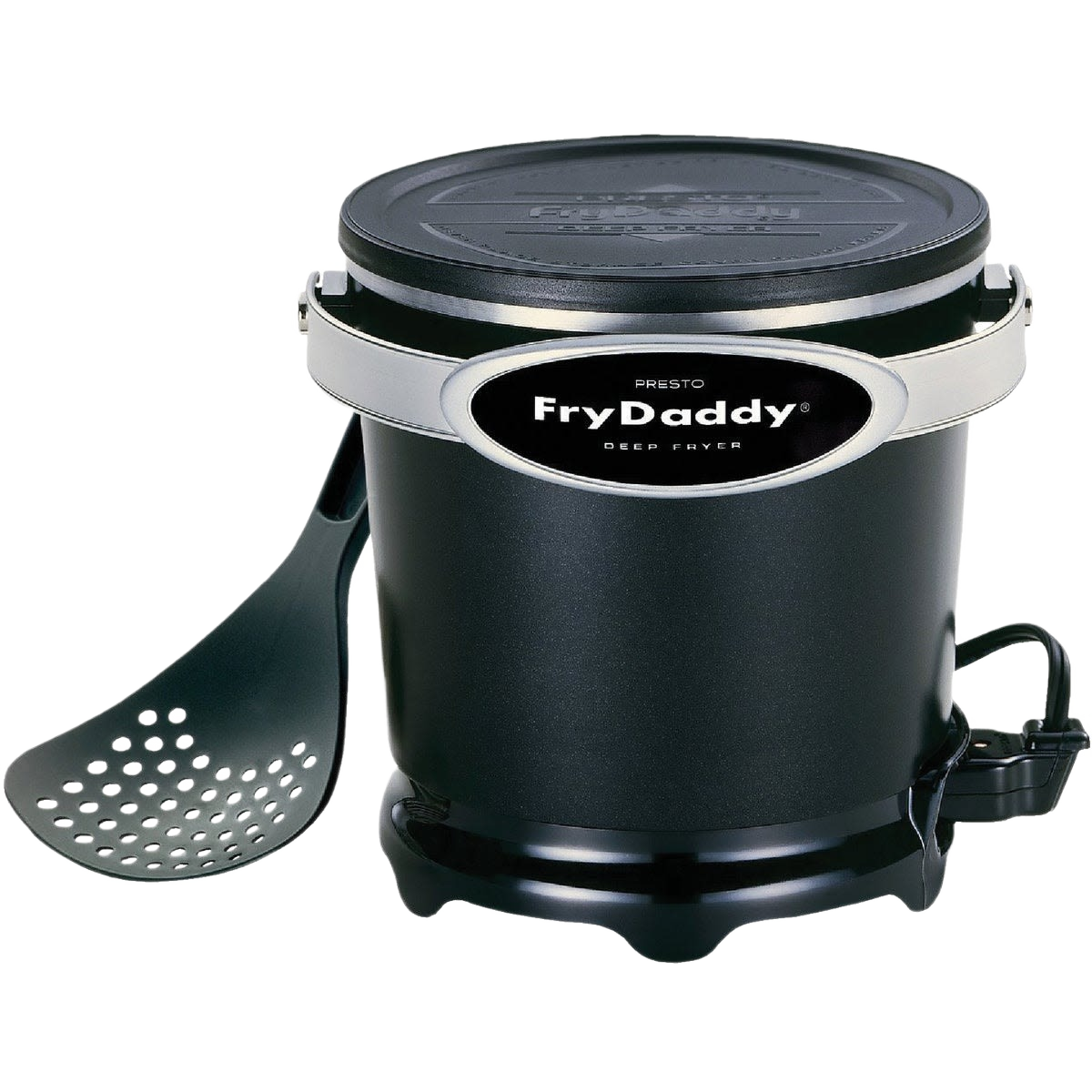 Compact black aluminum electric deep fryer with lid and perforated plastic frying spoon for home use