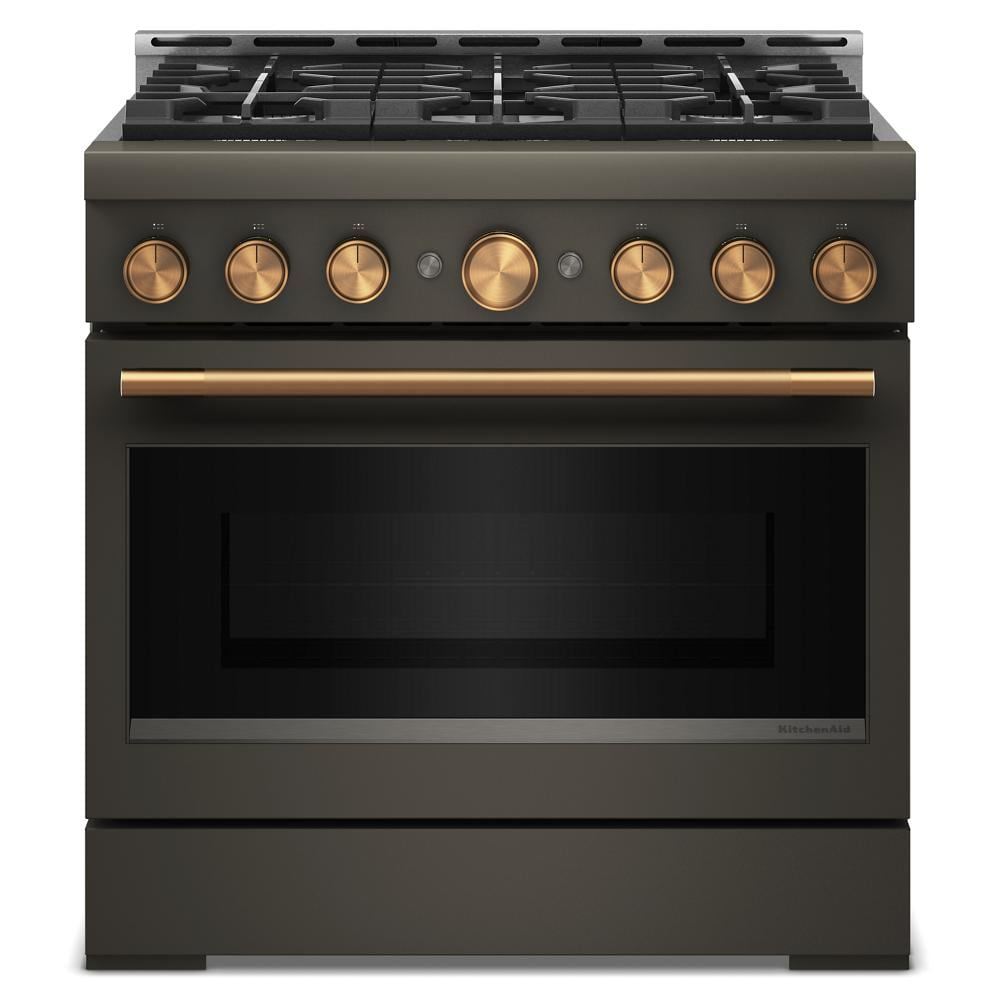 Front view of modern commercial-style gas range with six burners and bronze-colored control knobs in kitchenware collection