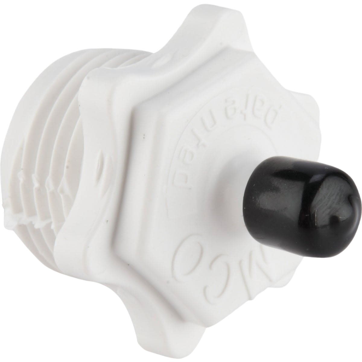 White plastic RV blow out plug with black cap designed for tools and home improvement applications