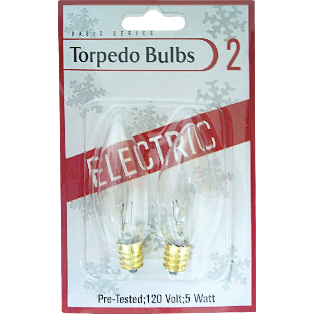 Package of two clear torpedo-shaped light bulbs with brass screw bases for home improvement lighting needs