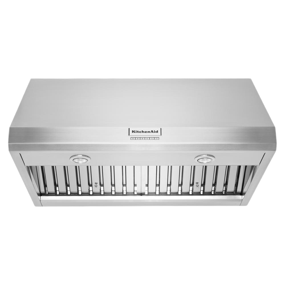 Stainless steel commercial-style wall-mounted range hood with dual lights and baffle filters from KitchenAid collection