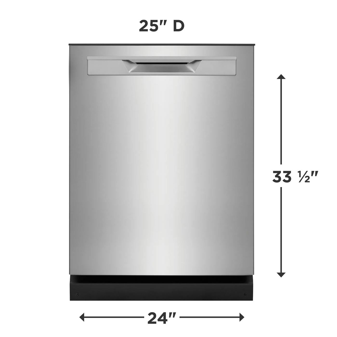 Front view of a stainless steel built-in dishwasher with integrated handle in kitchen appliance setting