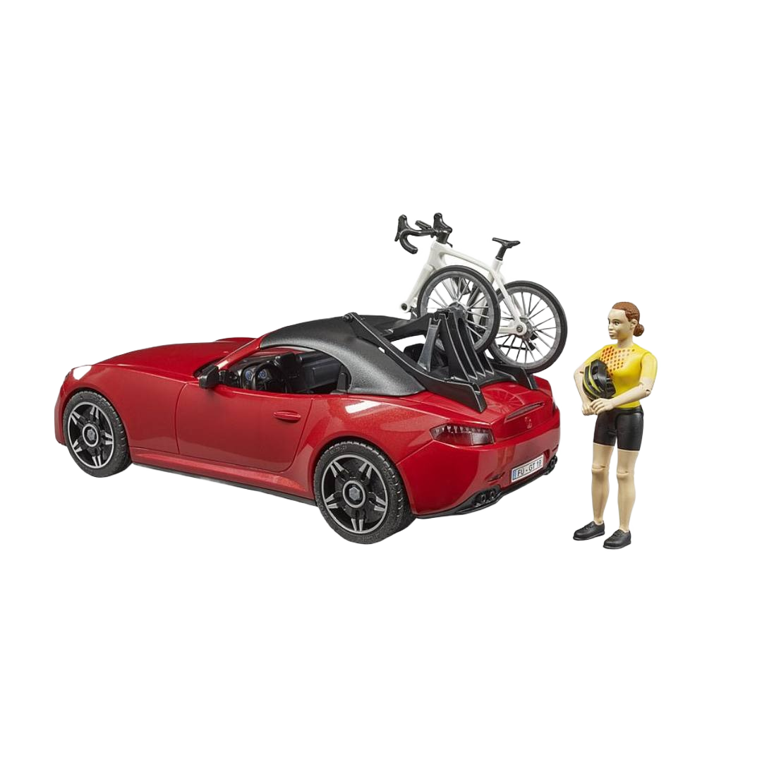 Red toy roadster with black roof, white racing bicycle on back, and cyclist figure for toys and games collection