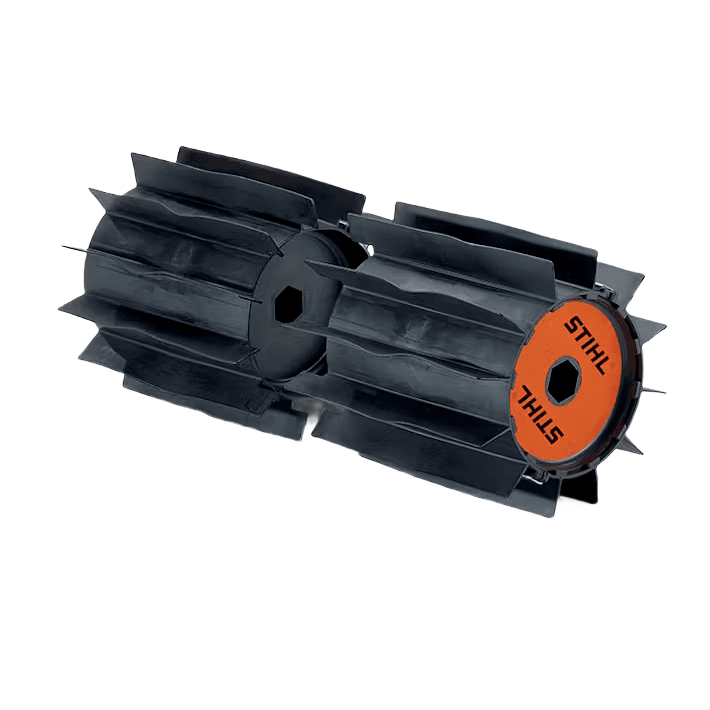 Black PowerSweep attachment drum with orange STIHL branded end cap for garden and outdoor tools collections