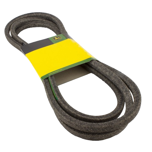 Durable black V-belt with yellow and green John Deere branded packaging for tools and home improvement use