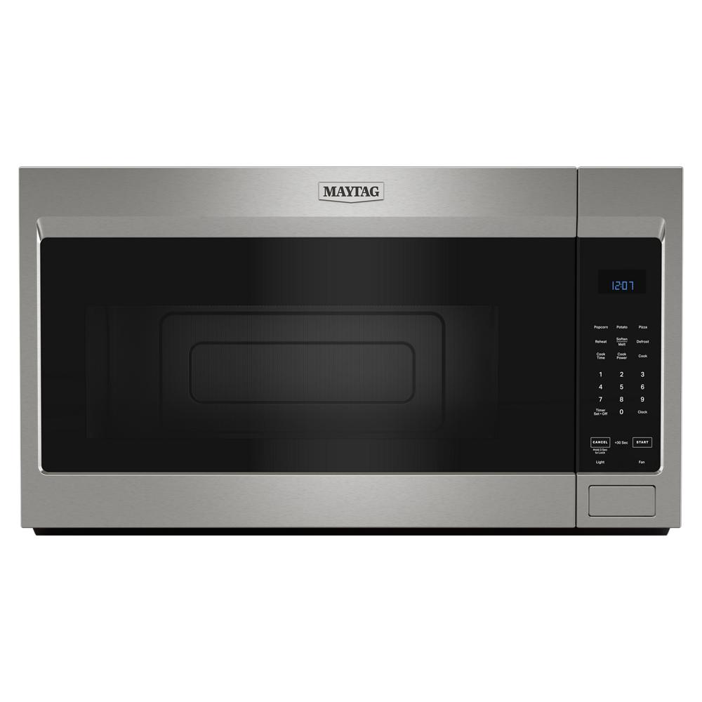 Front view of stainless steel over-the-range microwave with digital control panel in Microwaves and Appliances collections